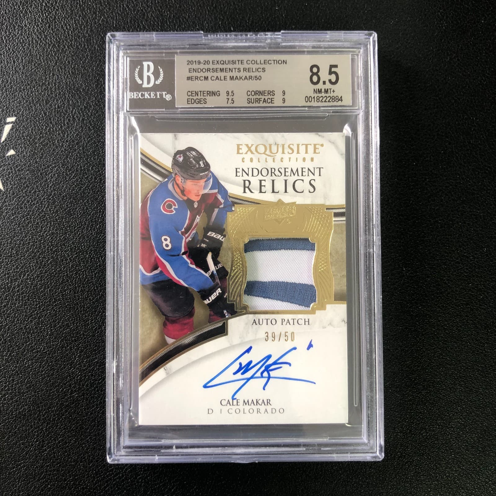 2019-20 Upper Deck Exquisite Endorsement Relics Auto Patch Cale Makar /50 BGS8.5