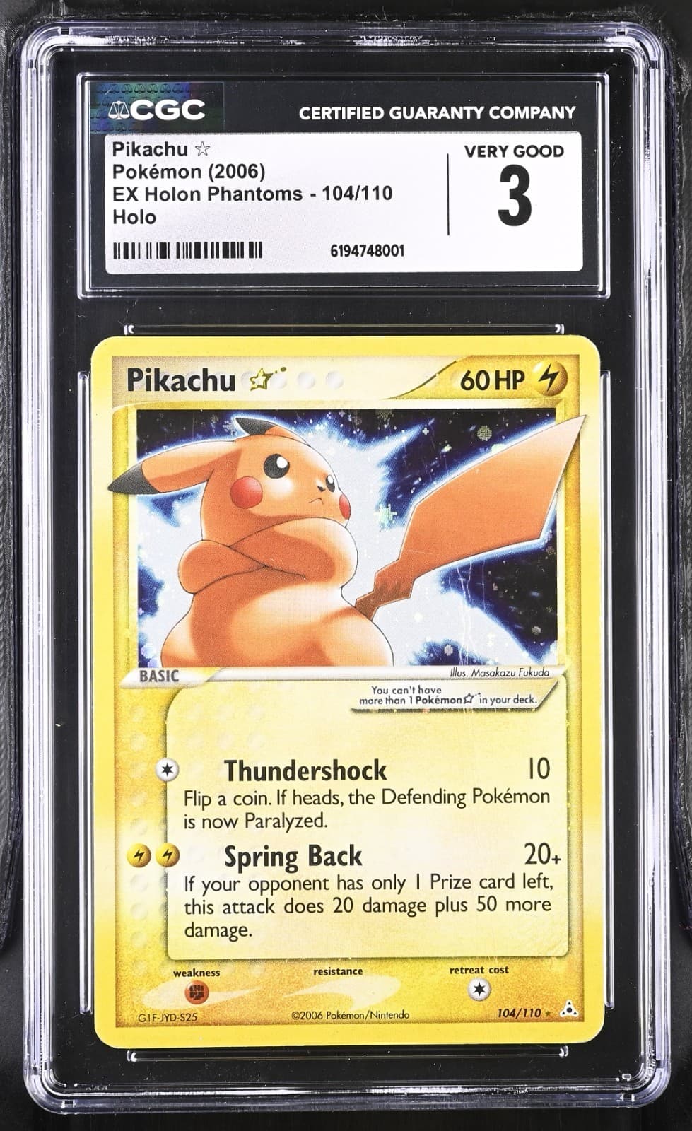 2006 POKEMON EX HOLON PHANTOMS 104/110 PIKACHU-HOLO Gold Star Graded 3