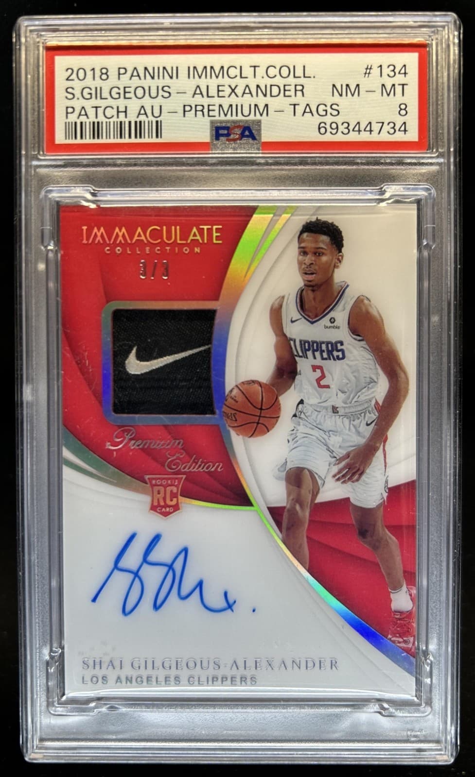 2018-19 Immaculate Shai Gilgeous-Alexander Rookie Patch Auto Tags #/3 PSA 8
