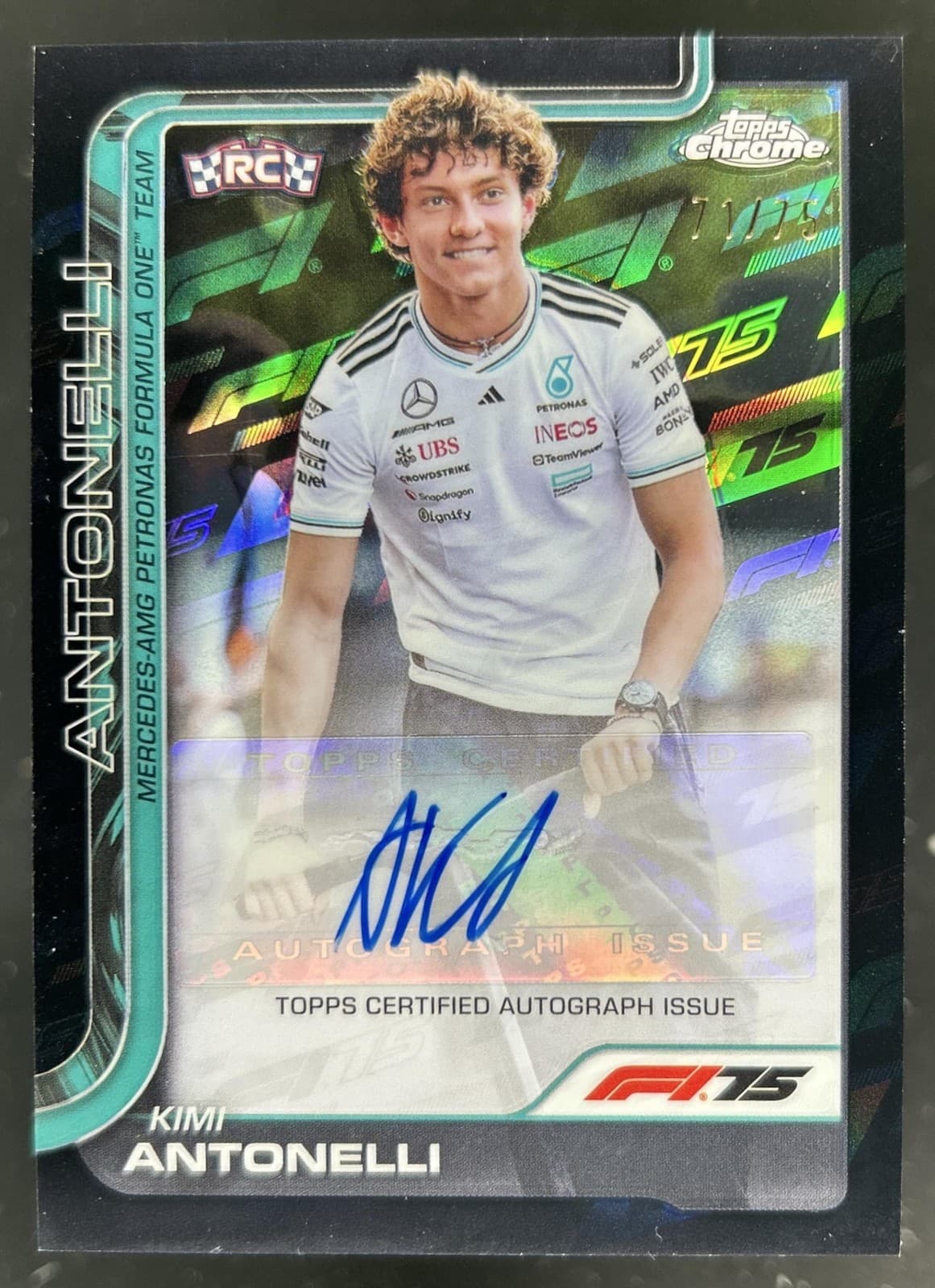 2025 Topps Chrome F1 Kimi Antonelli Auto F1 75th Anniversary Refractor RC #/75