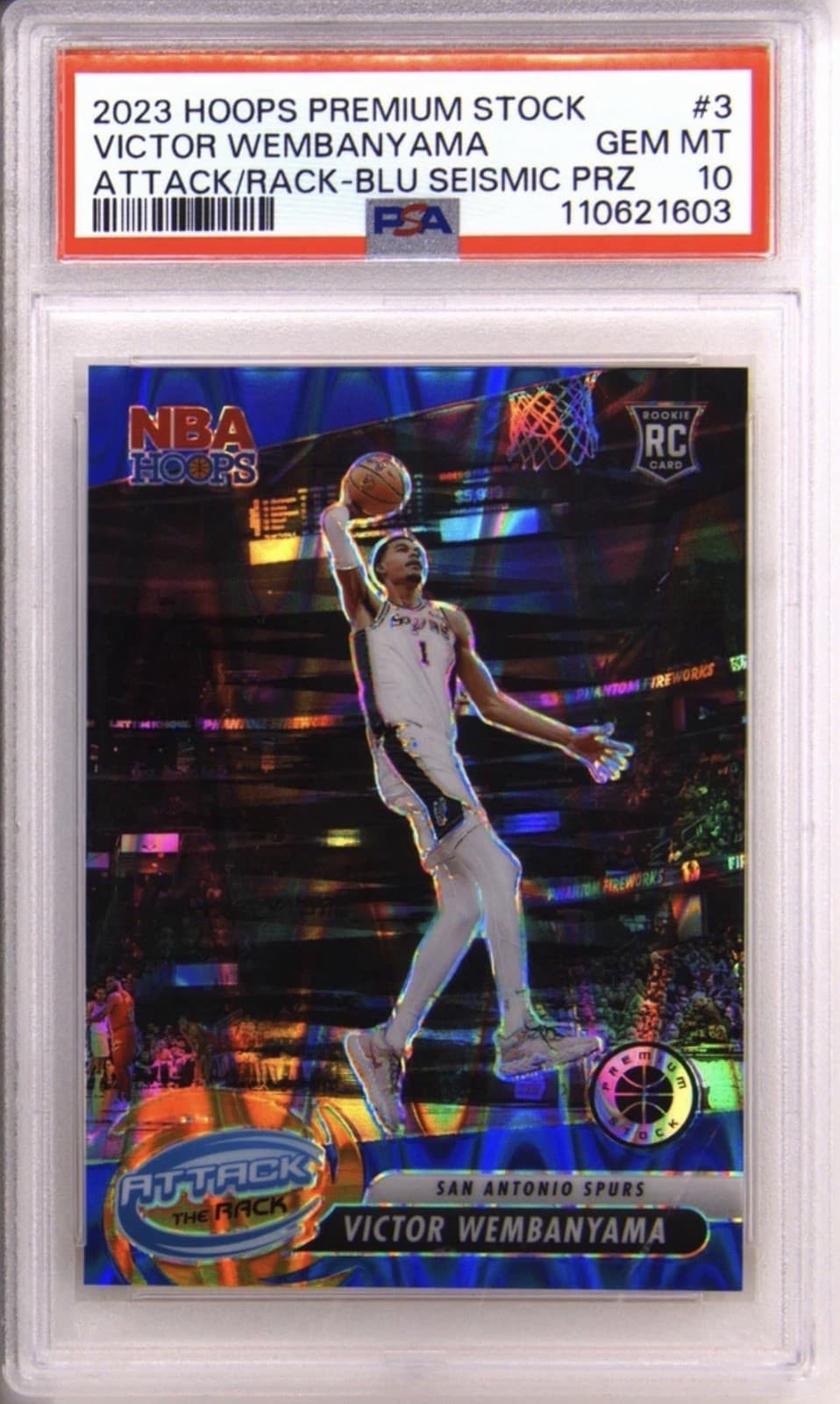 2023-24 Panini Premium Stock - Attack the Rack Victor Wembanyama /99 #3 PSA 10