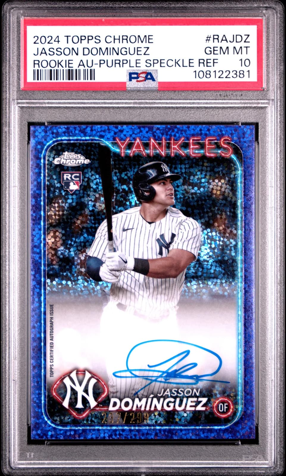 2024 Topps Chrome Rookie Jasson Dominguez #RAJDZ Purple Speckle  237/299 PSA 10