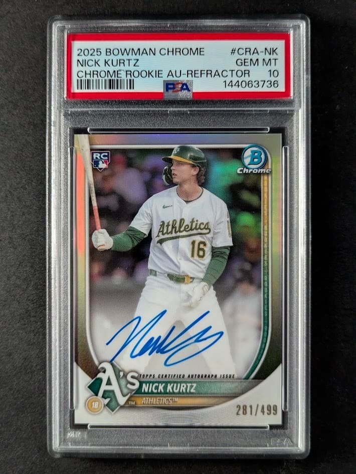 2025 Bowman Chrome NICK KURTZ 281/499 RC On Card Auto Refractor #CRA-NK PSA 10