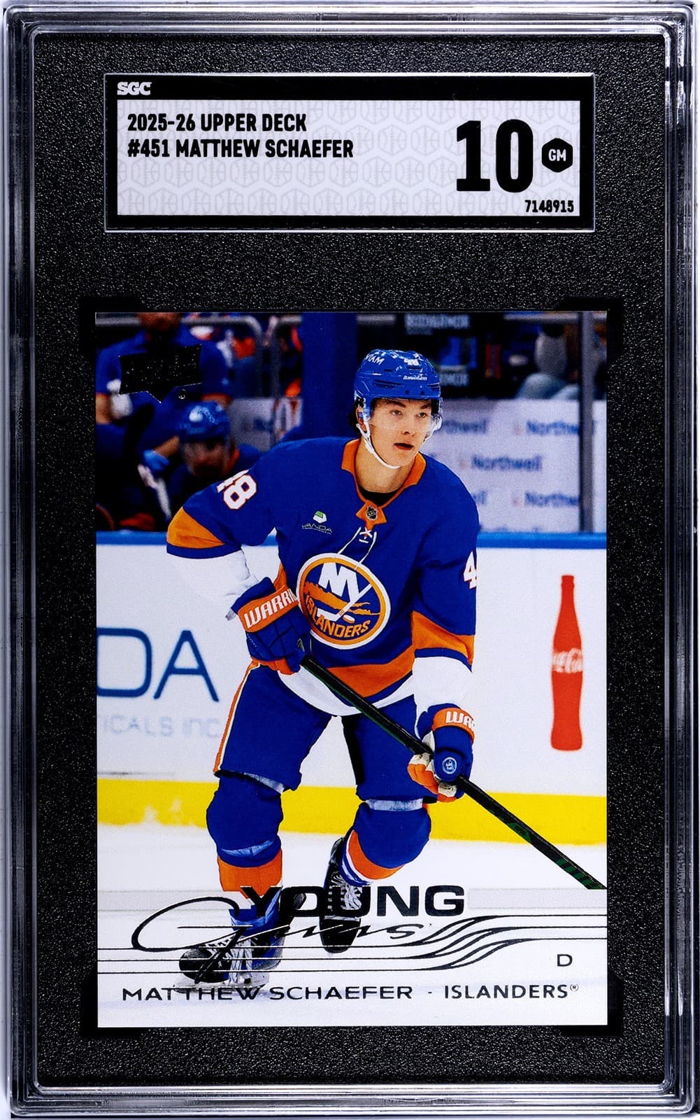 2025-26 Upper Deck #451 Matthew Schaefer YOUNG GUNS ROOKIE CARD;  SGC Grade 10