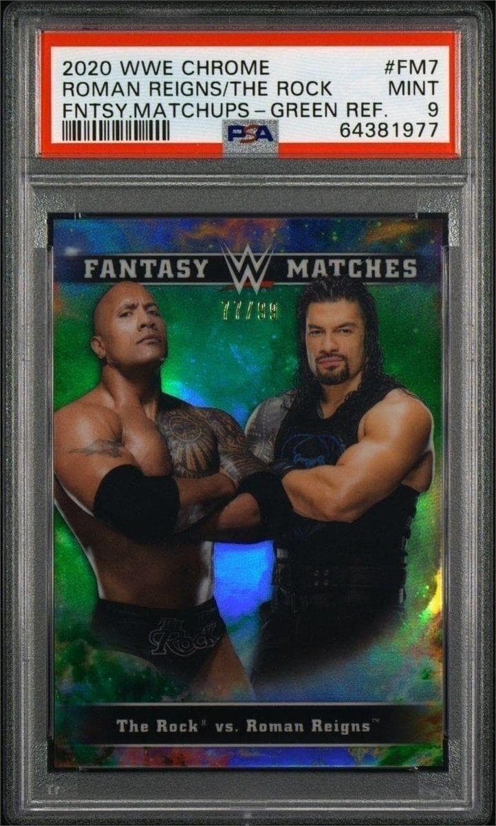 2020 WWE Topps Chrome The Rock VS Roman Reigns Fantasy Matches GREEN PSA 9 /99