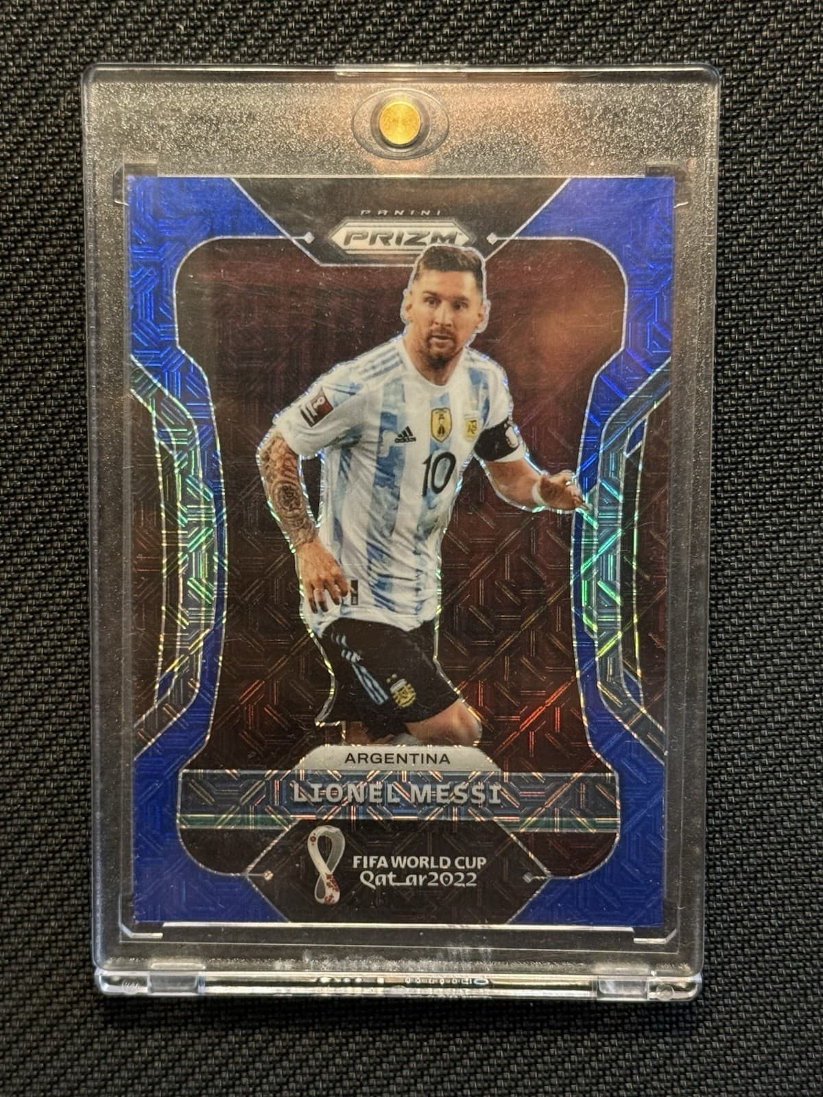 2022 Panini Prizm W/C Qatar LIONEL MESSI /75 Blue Mojo World Cup Winning Yr #7