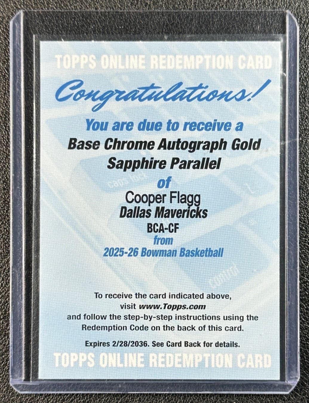 COOPER FLAGG 2025-26 BOWMAN SAPPHIRE CHROME ROOKIE GOLD REFRACTOR RC AUTO /50