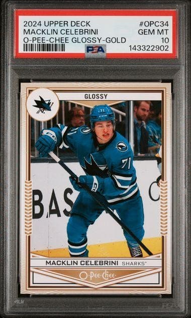 2024-25 Upper Deck O-Pee-Chee Macklin Celebrini Glossy Gold Rookie #OPC34 PSA 10