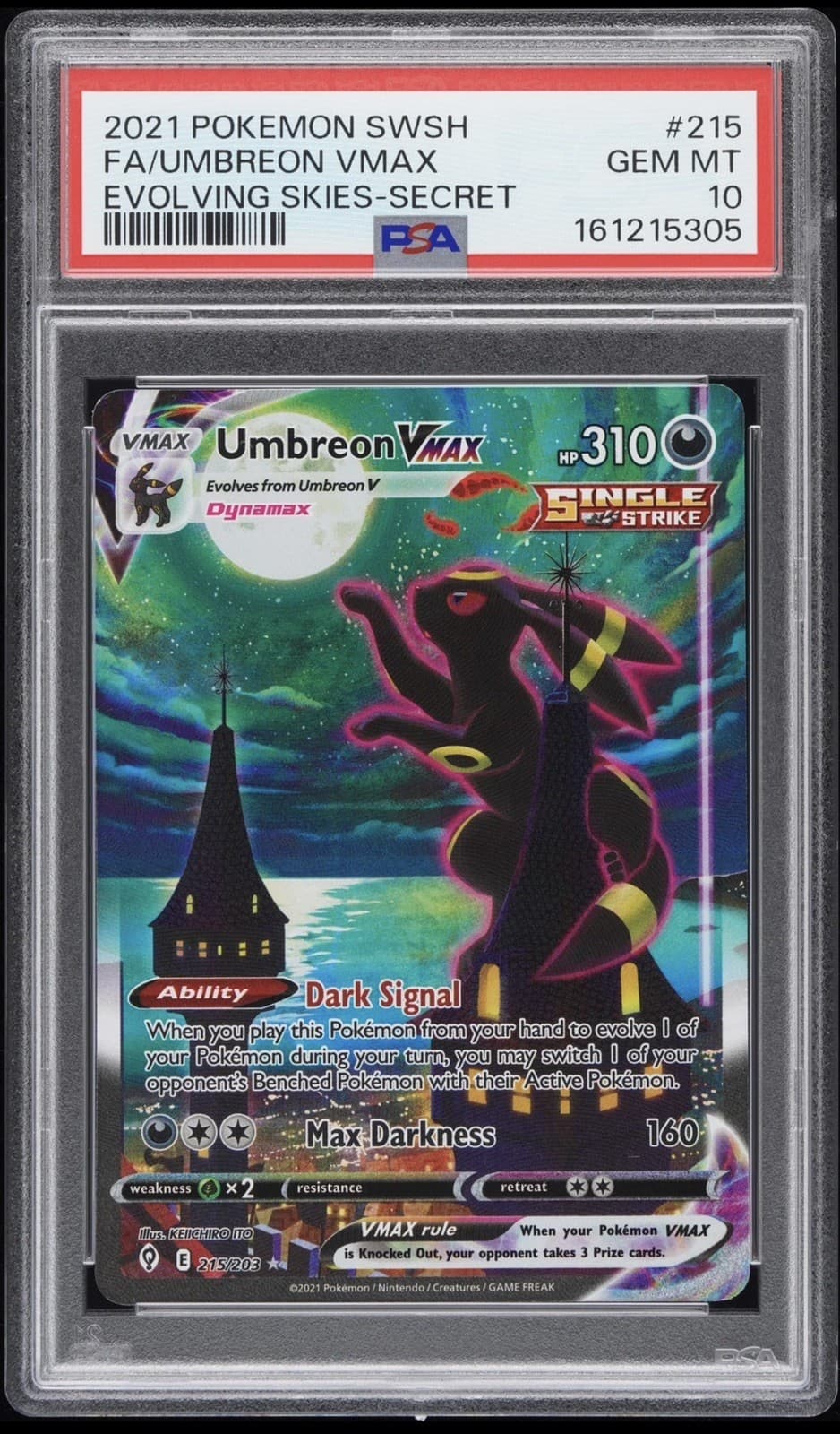 2021 Pokemon Sword & Shield Evolving Skies Secret Full Art/Umbreon Vmax Psa 10