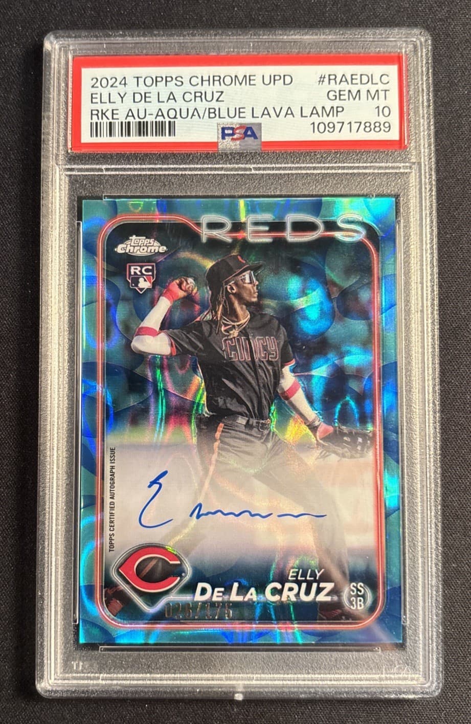 2024 TOPPS CHROME UPDATE ELLY DE LA CRUZ ROOKIE AUTO AQUA/BLUE LAVA /175 PSA 10