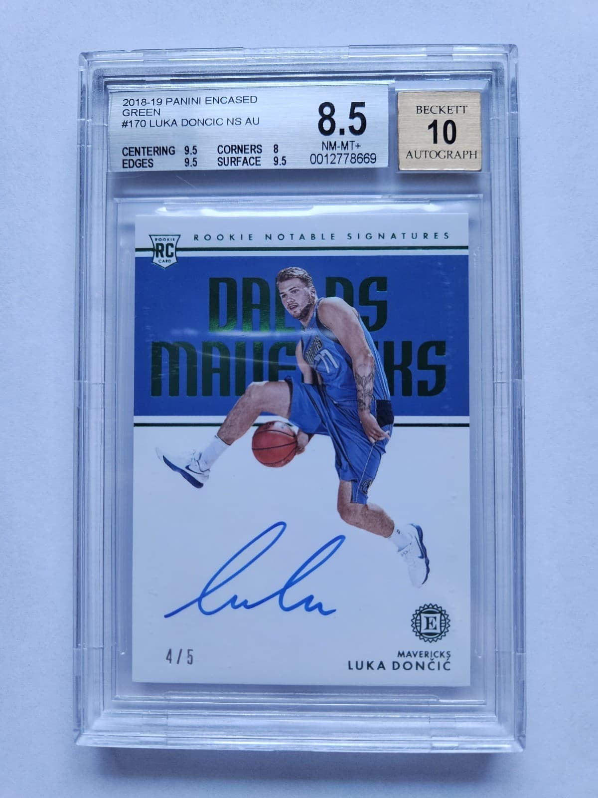 🚨 2018-19 Panini Encased #170- Luka Dončić Green /5 BGS 8.5/10 Auto W/ (3) 9.5s