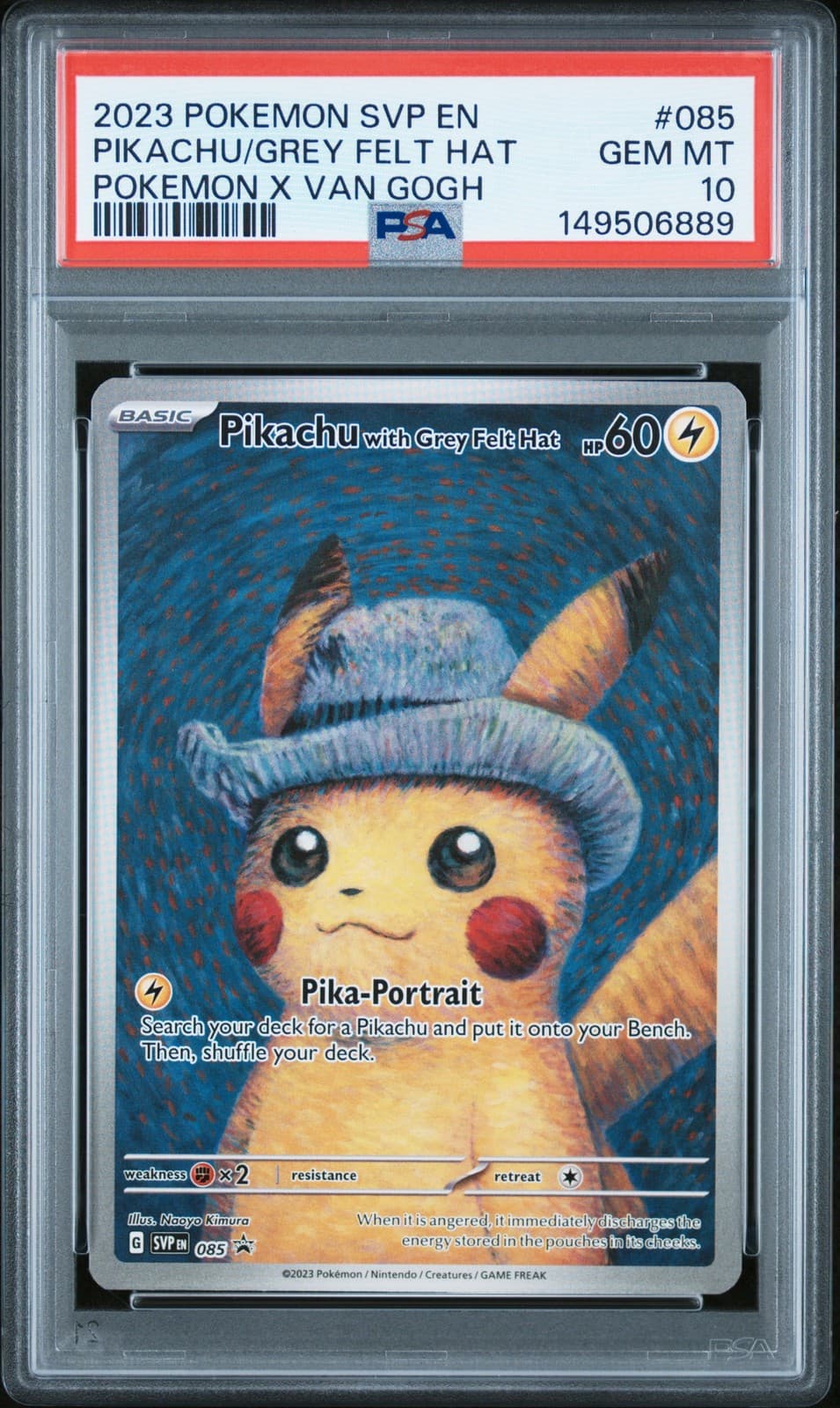 2023 POKEMON SVP POKEMON X VAN GOGH PROMO #085 PIKACHU WITH GREY FELT HAT PSA 10