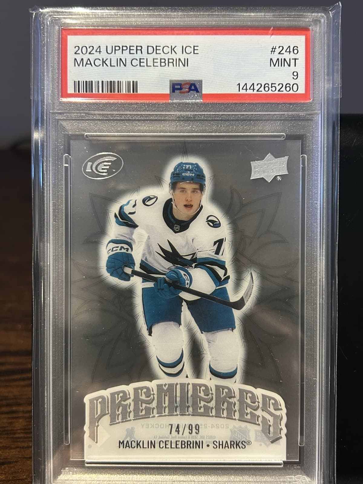 2024 Upper Deck Ice #246 Macklin Celebrini Premieres 74/99 PSA 9 Rookie Mint