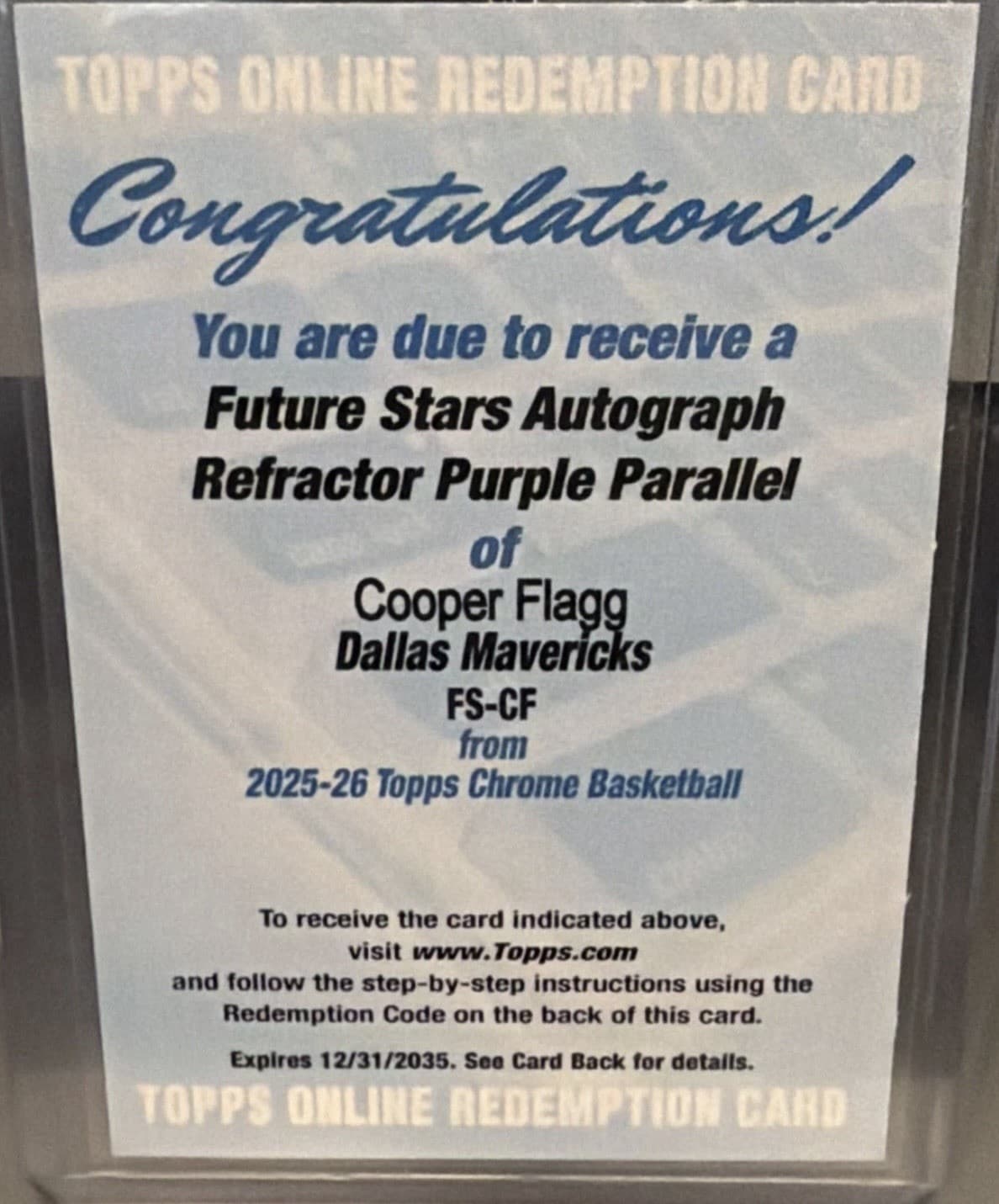 2025-26 Topps Chrome Cooper Flagg Future Stars Auto Purple Redeemed Redemption