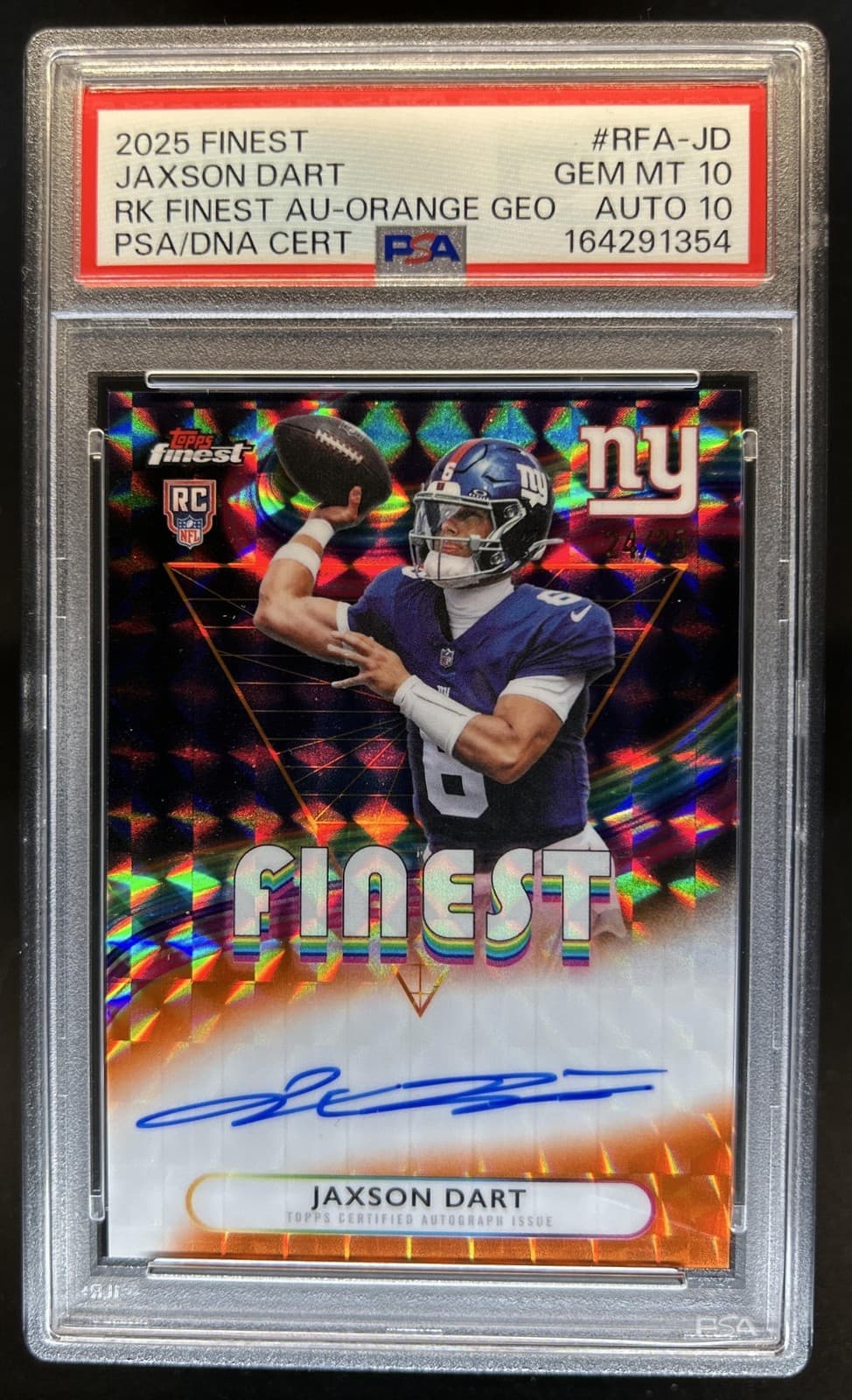 2025 Topps Finest Jaxson Dart Rookie Auto Orange Geometric RC #/25 PSA 10