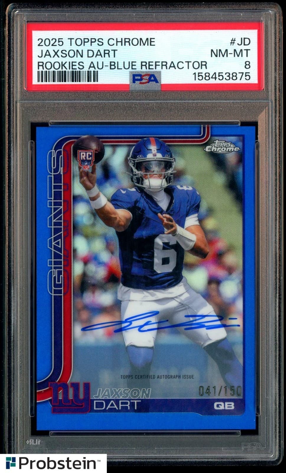 2025 Topps Chrome Blue Refractor Jaxson Dart Giants RC Rookie AUTO 41/150 PSA 8