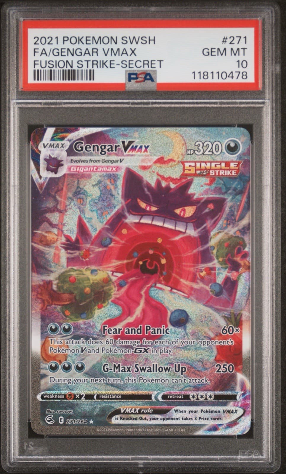 PSA 10 GENGAR VMAX 271 FUSION STRIKE SWORD & SHIELD ALT POKEMON GEM MINT