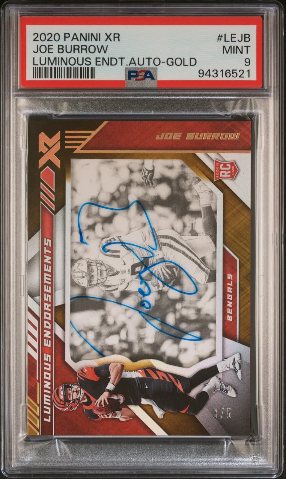 2020 Panini XR Luminous Endorsements Autographs Joe Burrow #LEJB auto Gold 3/5