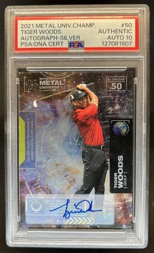2021 Skybox Metal Universe Tiger Woods Silver Auto #50 PSA Authentic 10