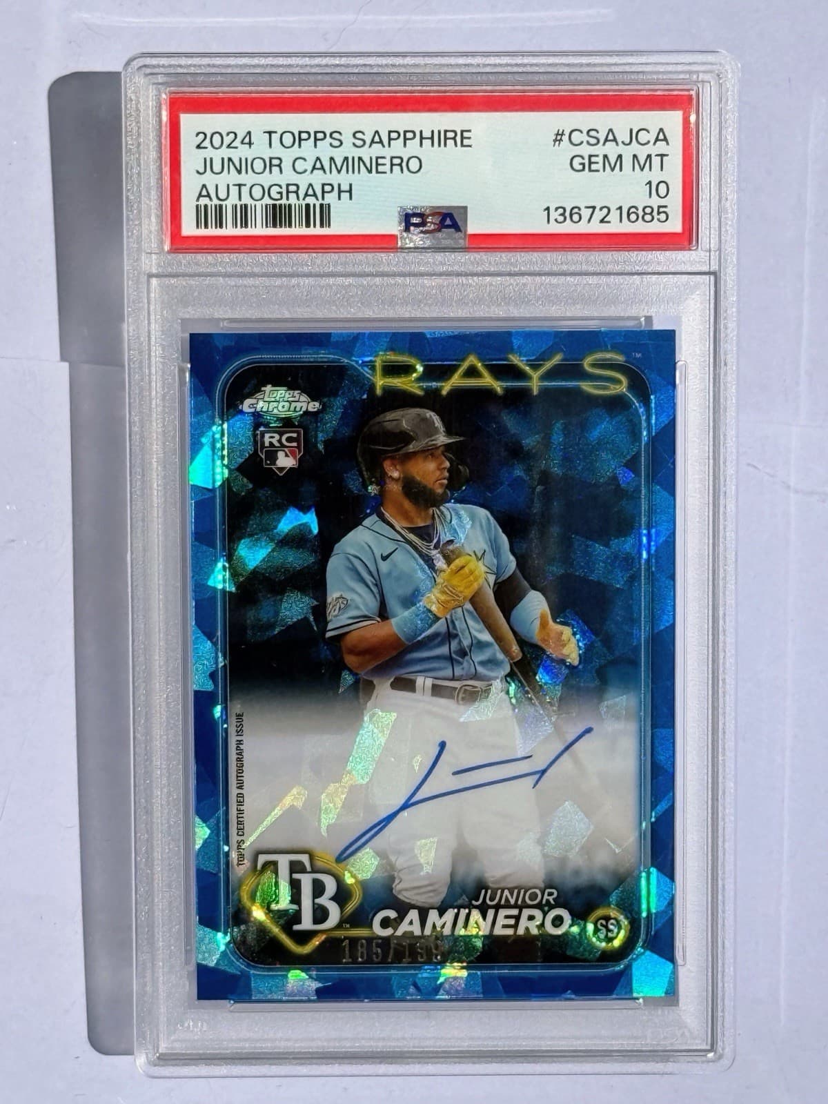 2024 Topps Chrome Sapphire Junior Caminero AUTO /199 PSA 10 "2026 HR Derby"