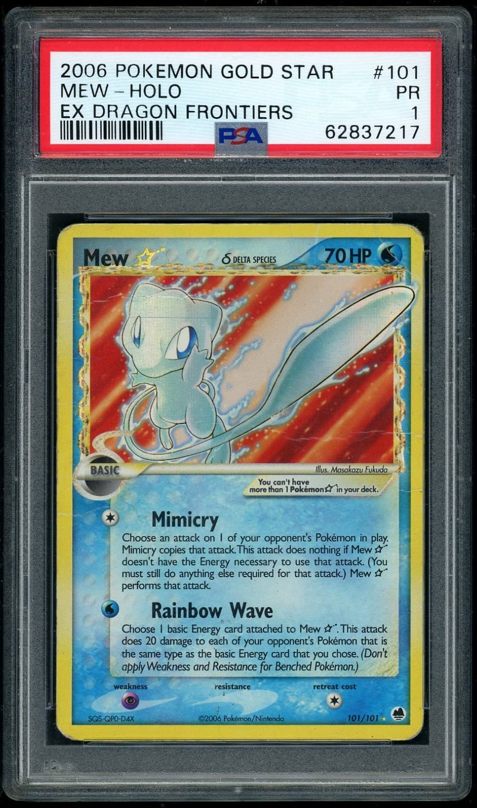 2006 Pokemon Gold Star Mew Holo EX Dragon Frontiers PSA 1
