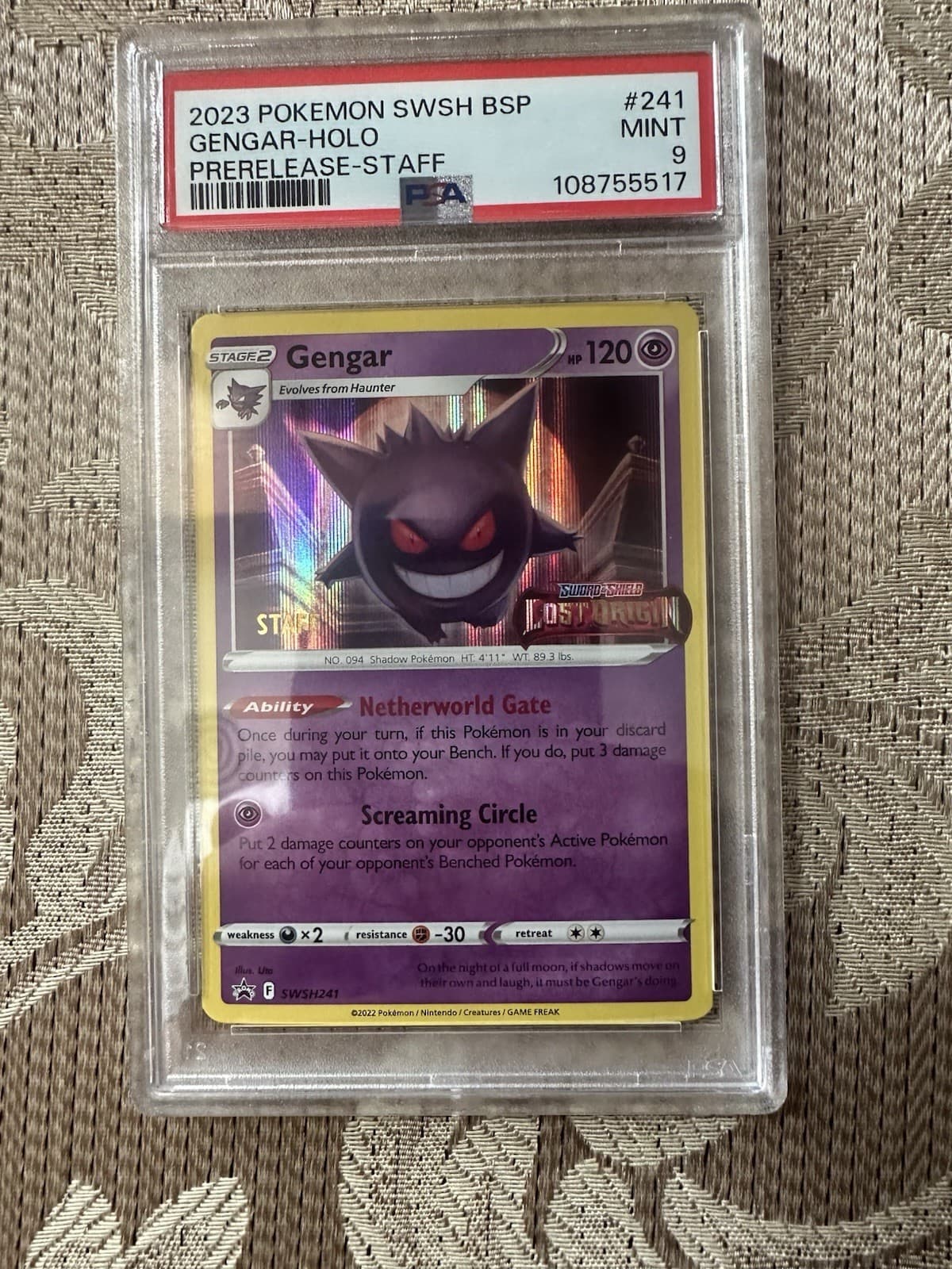 Super Rare 2023 POKEMON SWSH BLACK STAR PROMO PRERELEASE-STAFF #241 GENGAR PSA 9