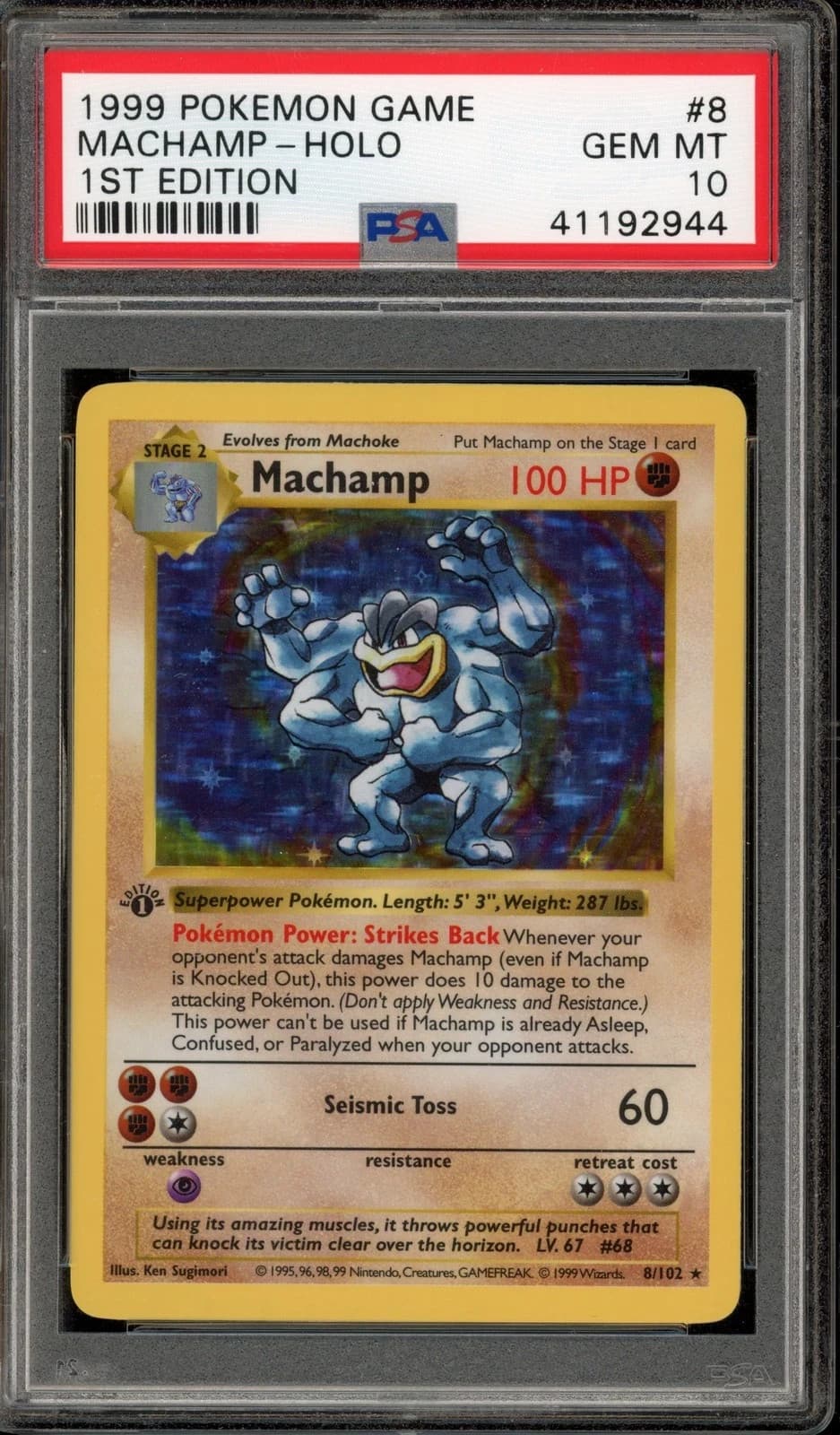 Pokemon Machamp Base Set Shadowless 1st Edition Holo Rare #8 PSA 10 Gem Mint