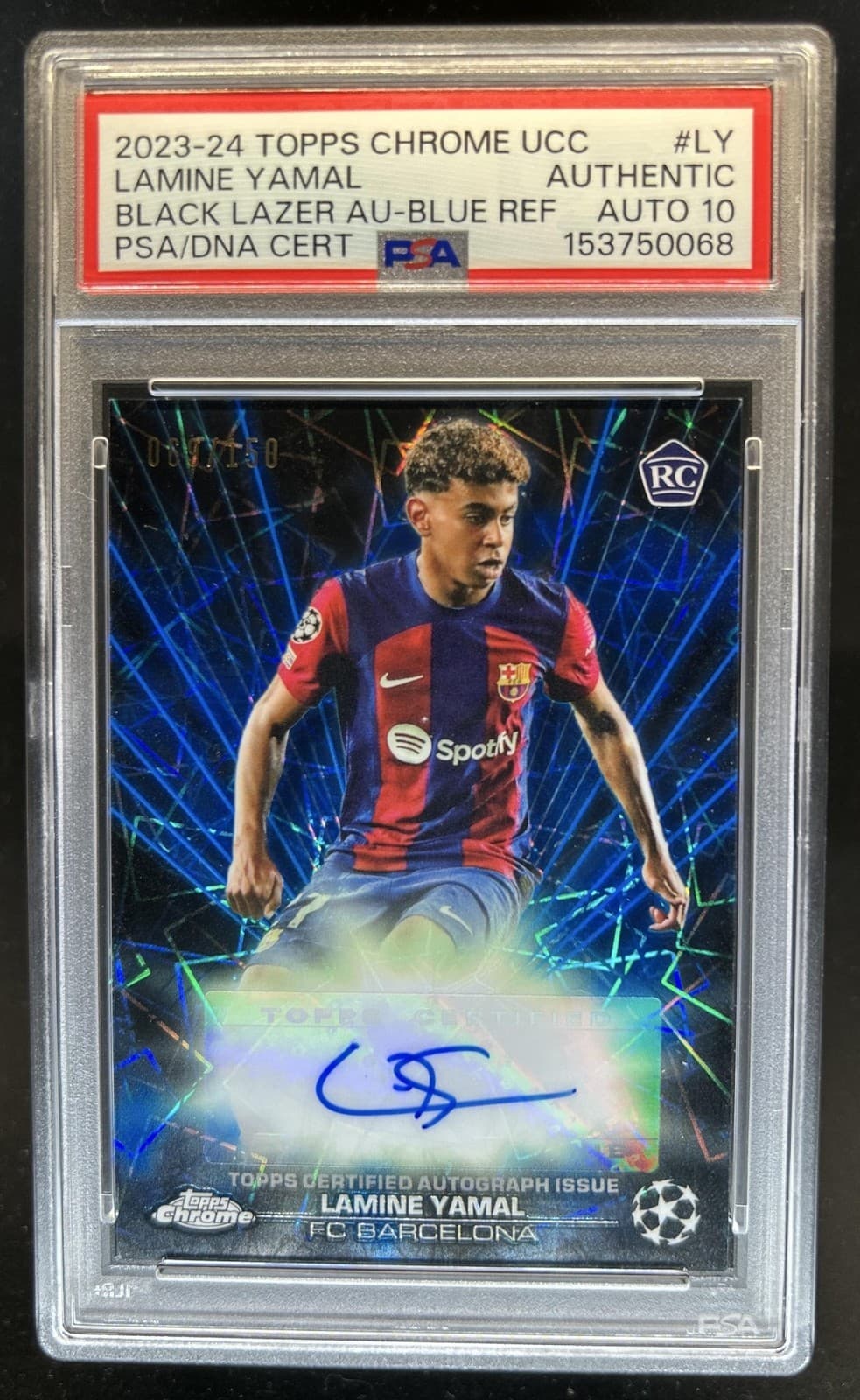 2023-24 Topps Chrome Lamine Yamal Black Lazer Auto RC Blue #/150 PSA Auth 10