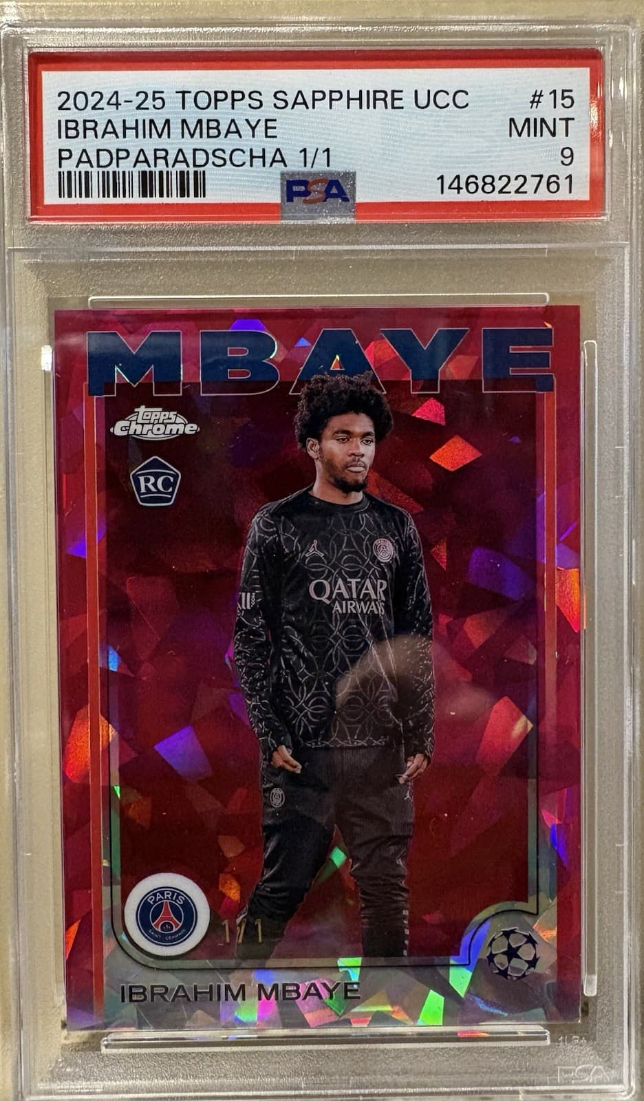 2024-25 Topps Chrome Sapphire UCC RC Ibrahim Mbaye Padparadscha 1/1 MINT 9 PSG
