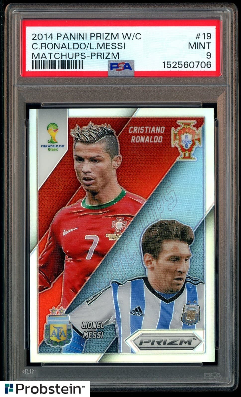 2014 Panini Silver Prizm World Cup Matchups Cristiano Ronaldo Lionel Messi PSA 9