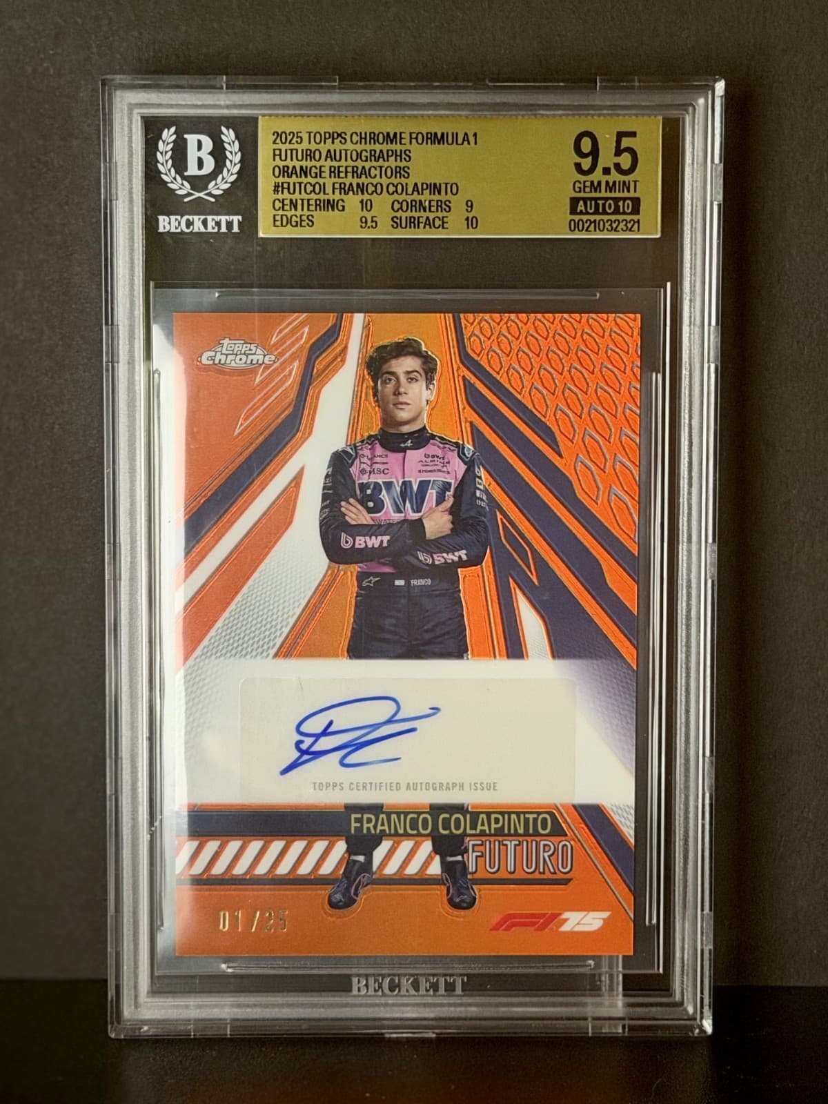 2025 Topps Chrome Franco Colapinto Futuro ORANGE AUTO /25 BGS 9.5 10 01/25 POP 1
