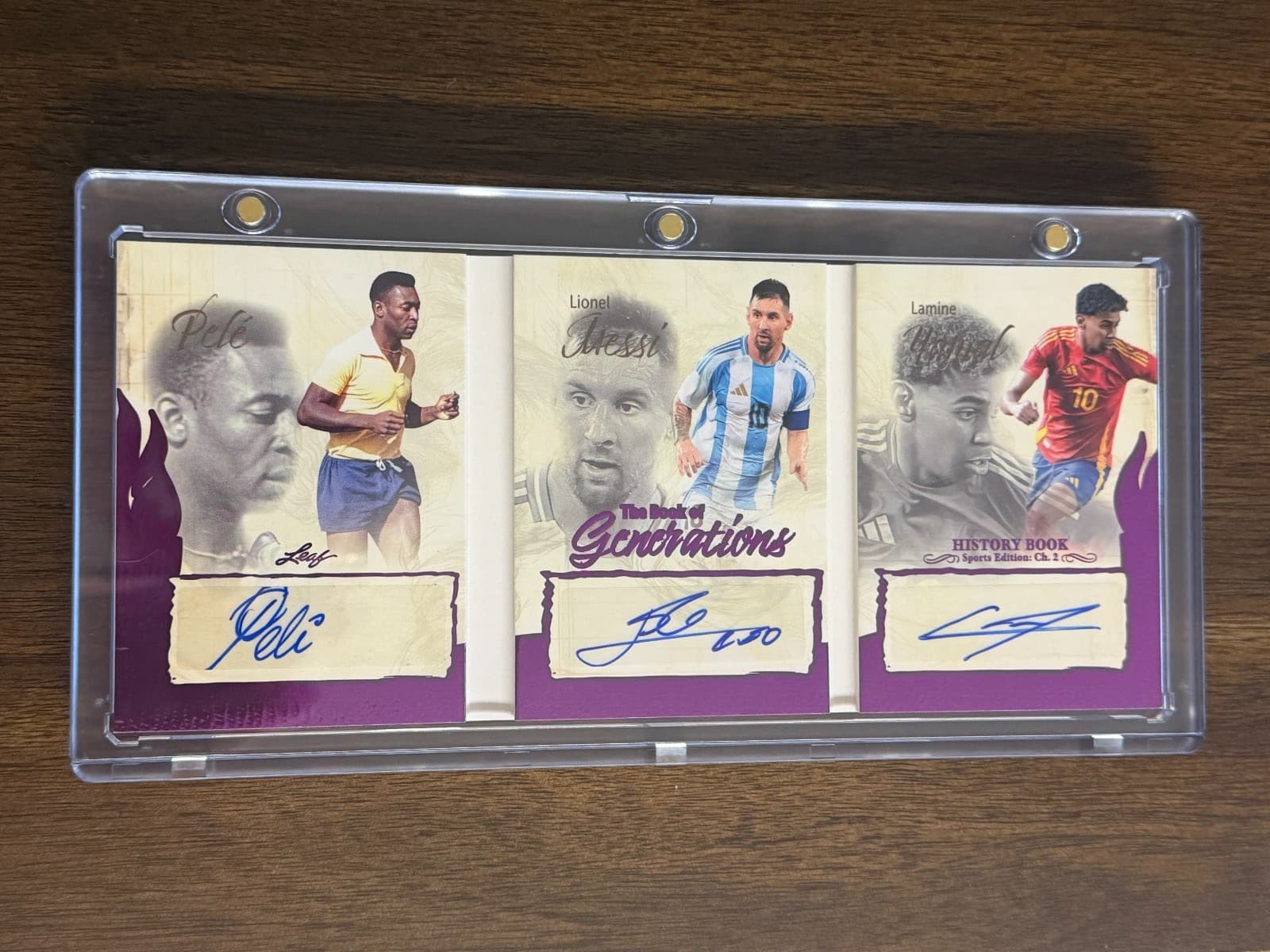 2025 Leaf History Book Pele, Lionel Messi, Lamine Yamal Triple Booklet Auto 1/1