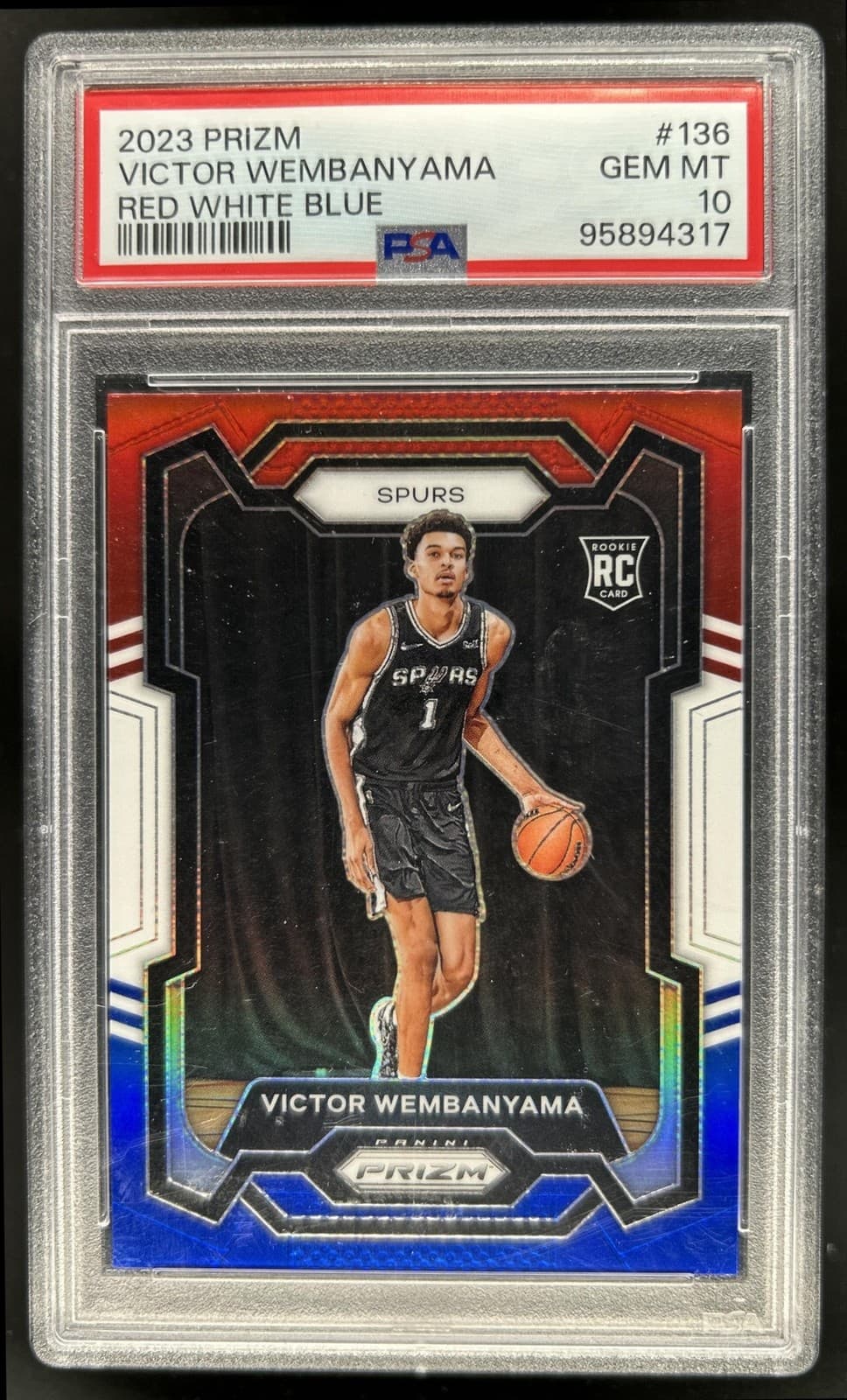 2023-24 Panini Prizm Victor Wembanyama Prizm Red White and Blue RC #136 PSA 10