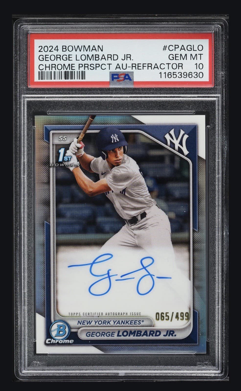 2024 Bowman Chrome George Lombard Jr Rookie Auto Refractor 65/499 Yankees PSA 10