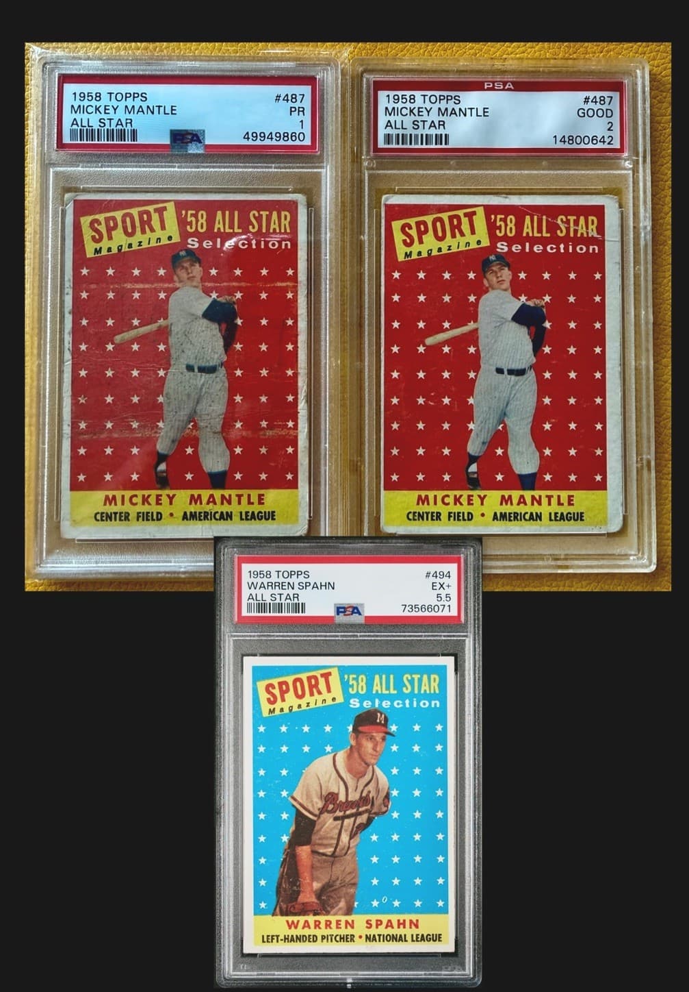 1958 Mickey Mantle PSA 1 & PSA 2 Topps All STAR & Warren Spahn PSA 5.5 ALL STAR