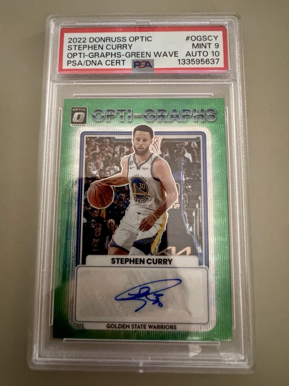 2022 Optic Steph Curry Auto PSA 9 Green PRIZM Opti-Graphs #OGSCY Stephen Curry