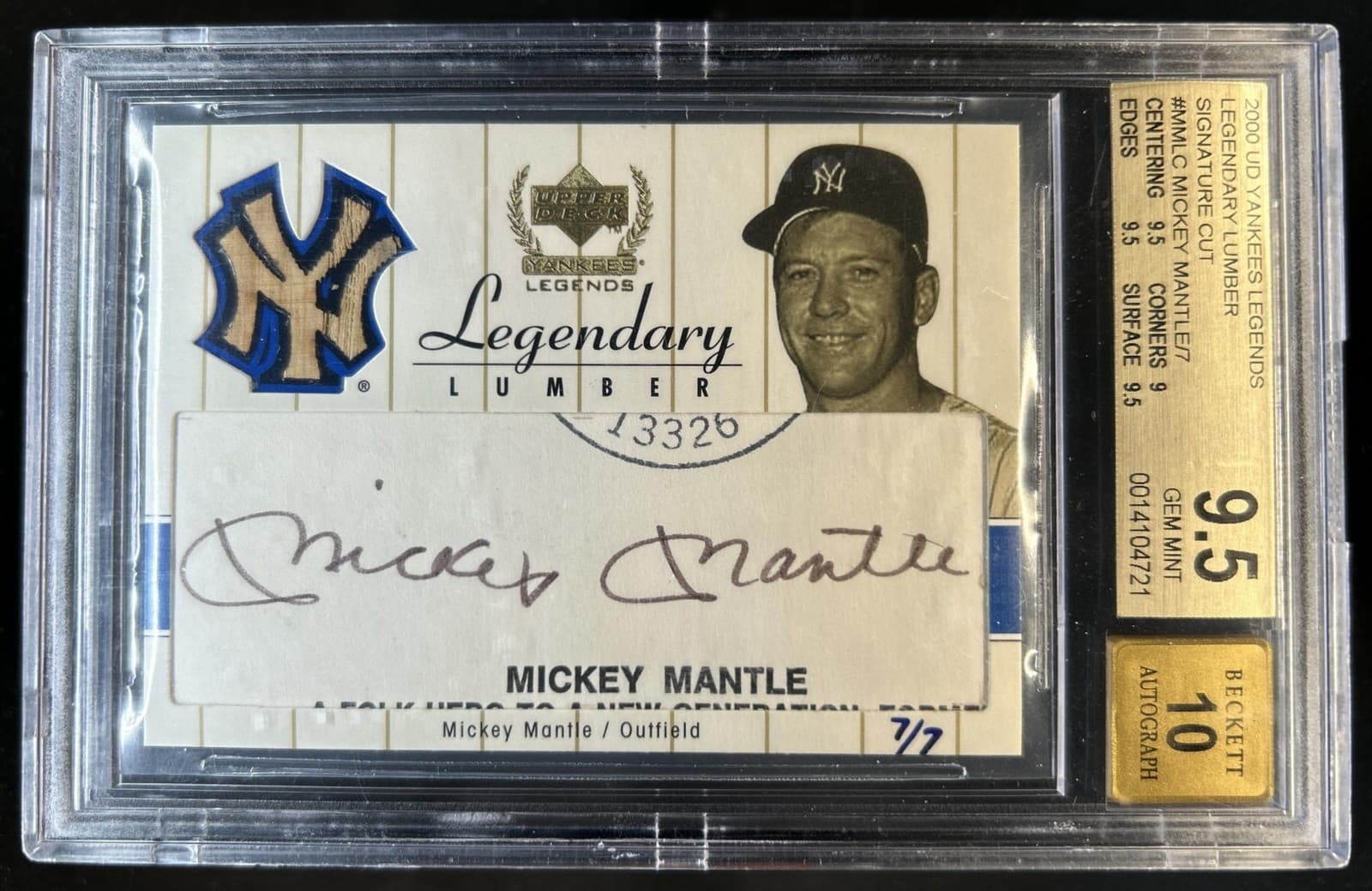 2000 UD Yankees Legends Mickey Mantle Legendary Lumber Cut Bat Auto #7/7 BGS 9.5