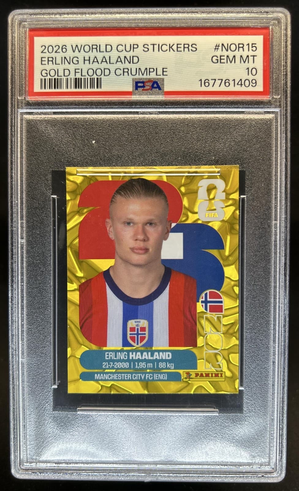 2026 World Cup Sticker Erling Haaland Norway Gold Crumple #NOR-15 PSA 10