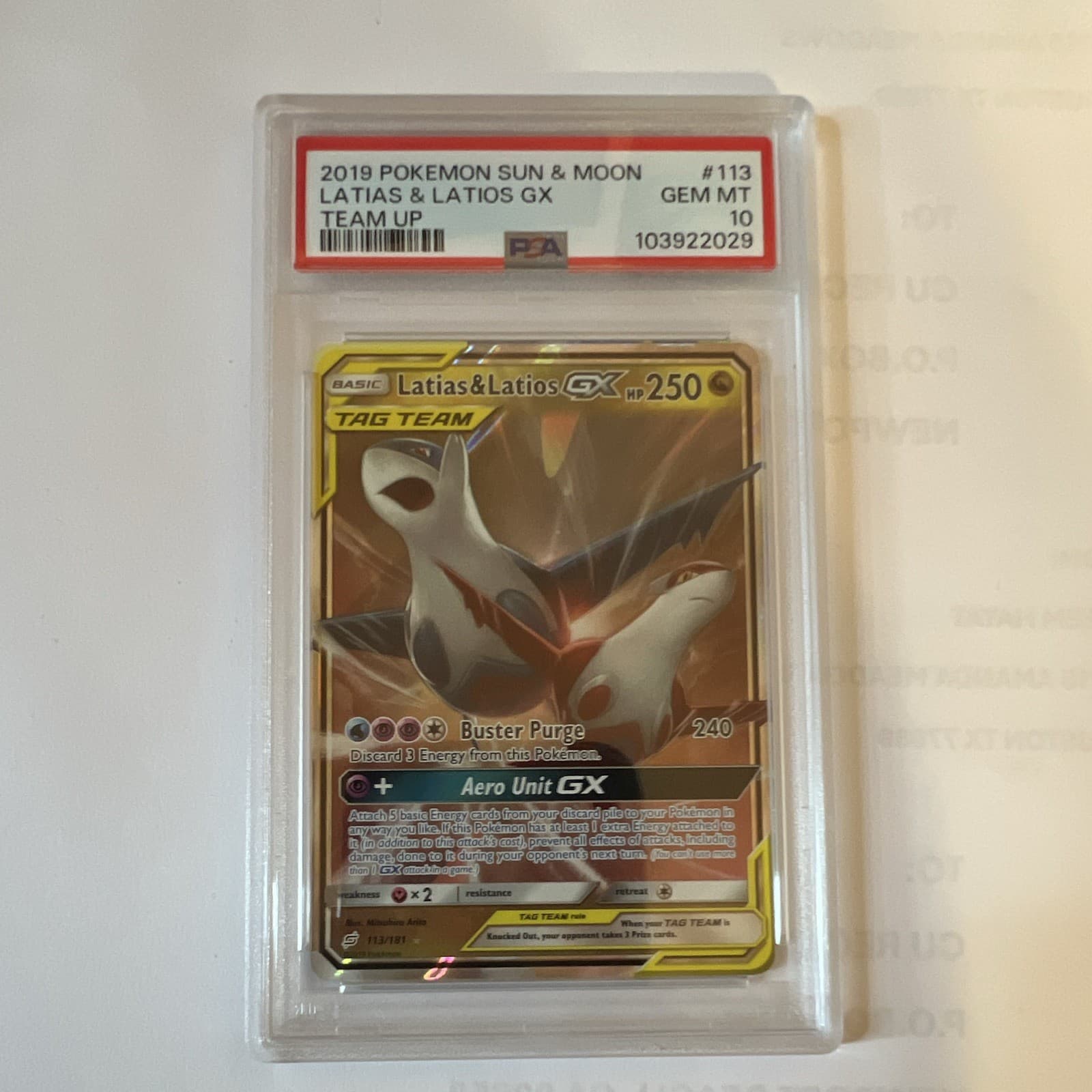 Pokemon 2019 Latias & Latios GX 113/181 Team Up PSA 10 TAG TEAM Full Art