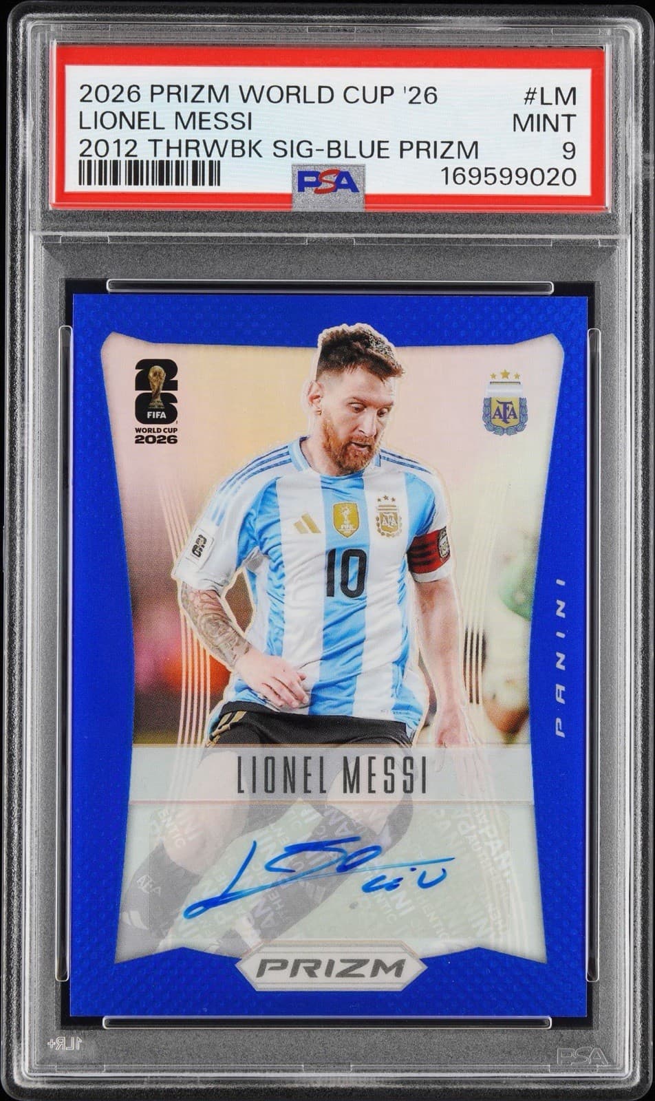 2026 Panini Prizm World Cup Lionel Messi Blue Prizm Throwback Auto /49 PSA 9