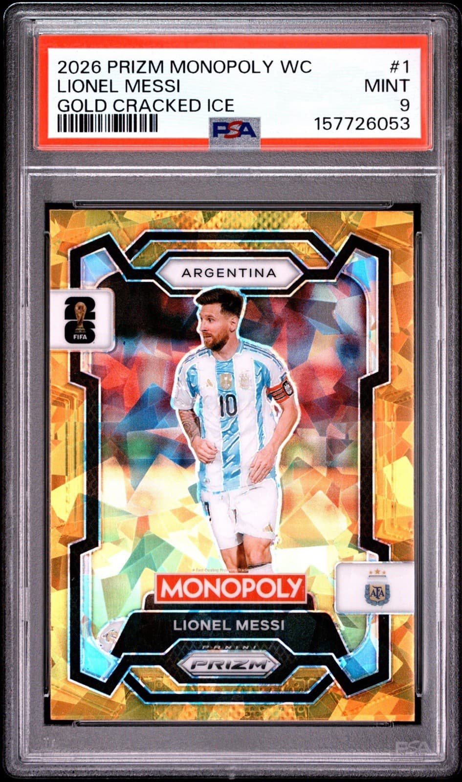 PSA 9 Lionel Messi Gold Cracked Ice Prizm 2026 Panini Monopoly FIFA World Cup WC