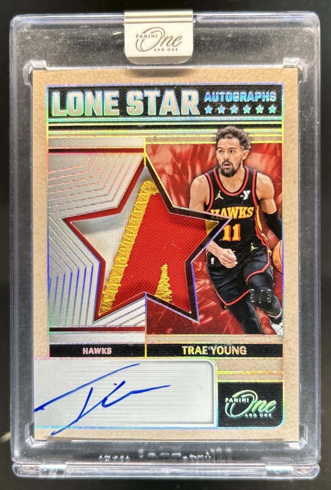2024-25 Panini One and One Trae Young Lone Star Patch Auto FOTL #/3 Hawks