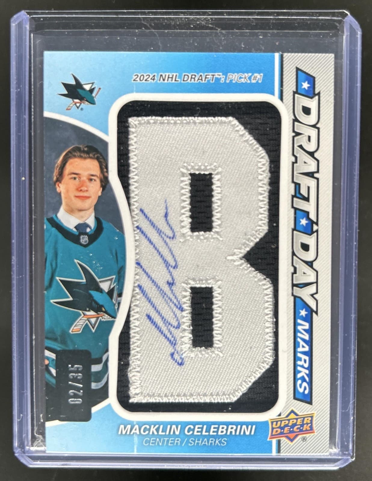 2024-25 SP Game Used Macklin Celebrini Draft Day Marks Patch Auto RC #/35