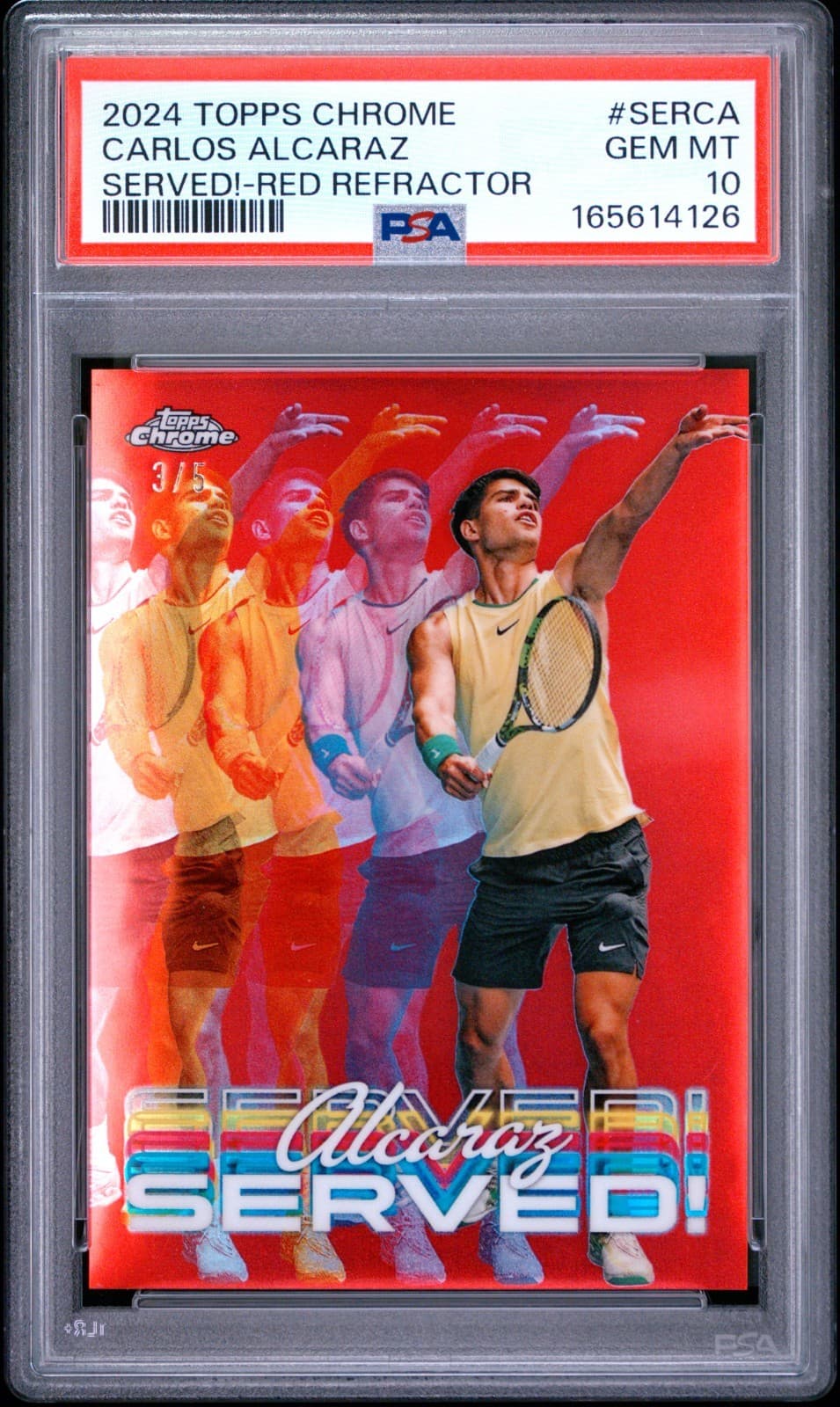2024 Topps Chrome Carlos Alcaraz Red Refractor Served Rookie RC #/5 PSA 10 POP 1