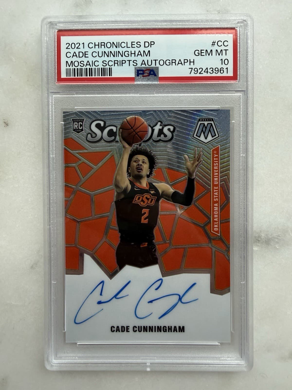 2021-22 Panini Mosaic Rookie Scripts Cade Cunningham On Card /99  Auto PSA 10 
