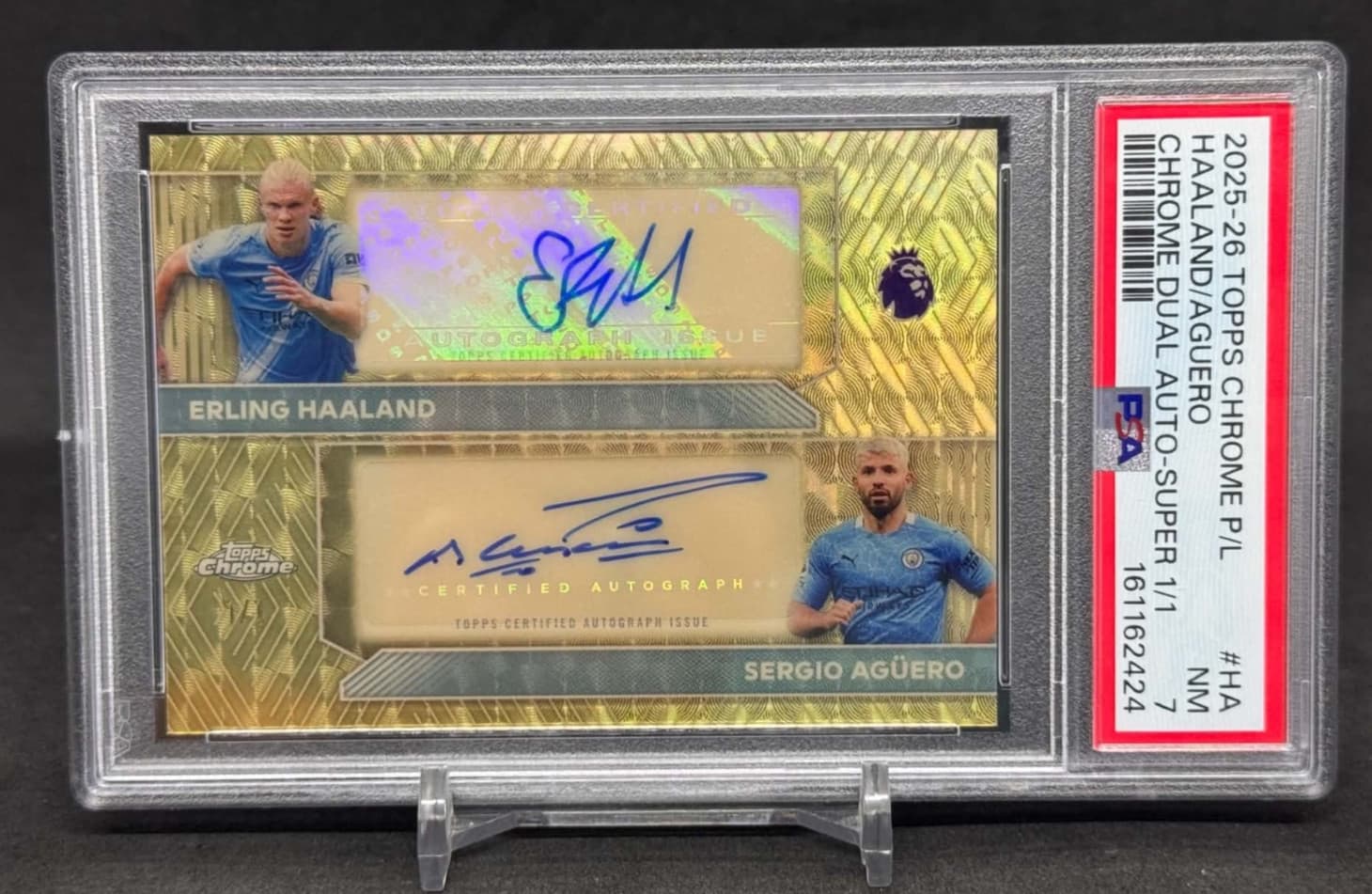 2025-26 Topps Chrome Erling Haaland Sergio Aguero Superfractor Auto 1/1 Psa 7