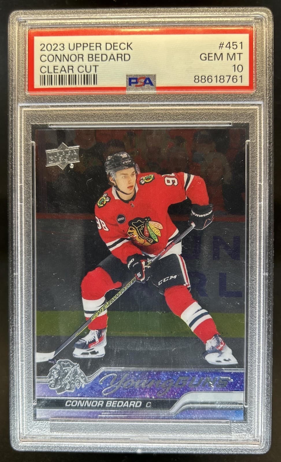 2023-24 Upper Deck Connor Bedard Clear Cut Young Guns RC #451 Blackhawks PSA 10