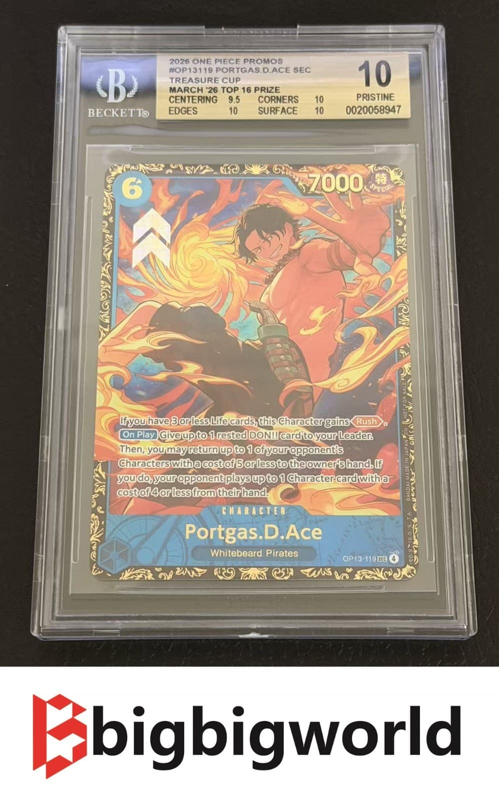 One Piece Card Game Portgas D Ace OP13-119 SEC Treasure Cup Top 16 BGS 10