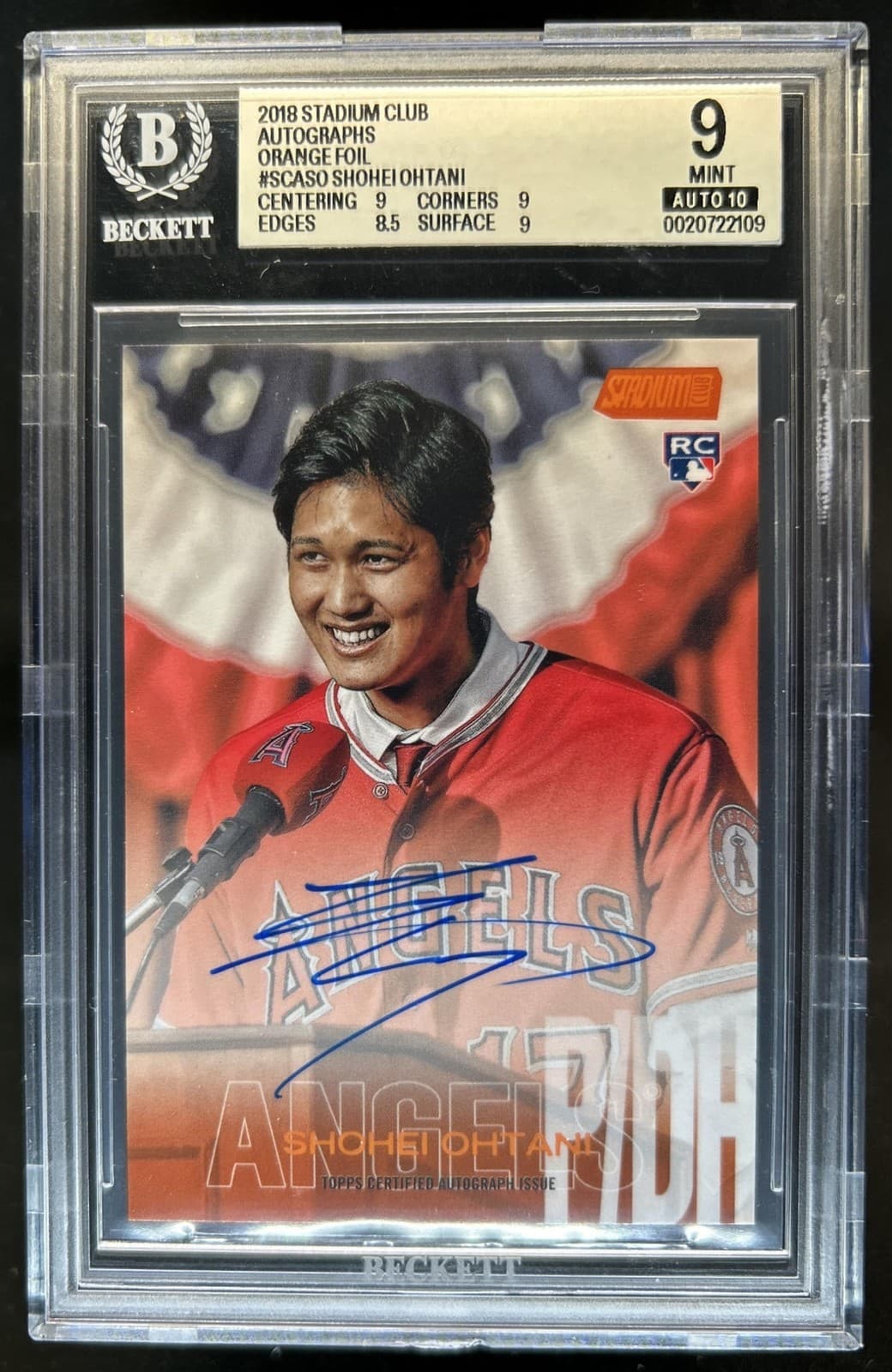 2018 Topps Stadium Club Shohei Ohtani Auto RC Orange Rookie #/5 Angels BGS 9 10