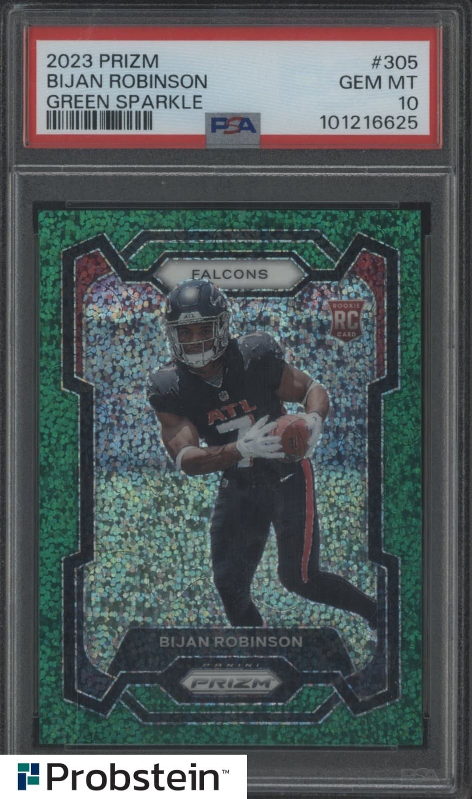 2023 Panini Green Sparkle Prizm #305 Bijan Robinson Falcons RC Rookie 7/8 PSA 10
